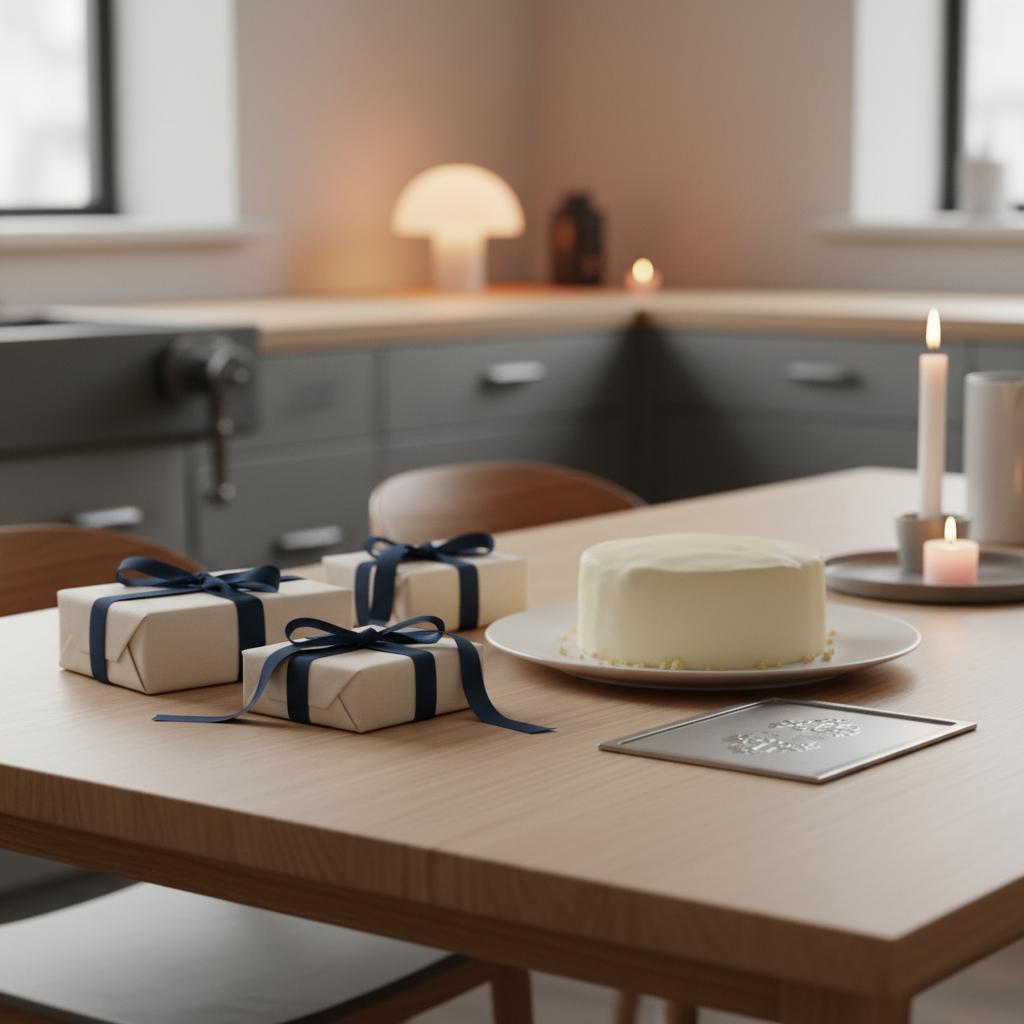 Intime, realistische Esstischszene mit kleinen Geschenken, schlichtem Vanillekuchen und graviertem Metallschild – Gelegenheit, sich bei der Feuerwehr bedanken.