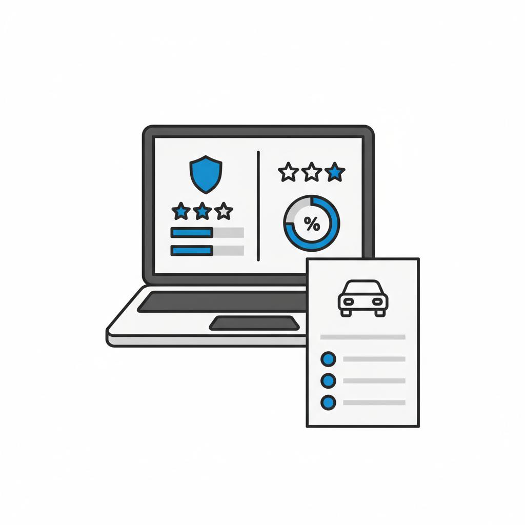 Minimalist 2D vector of a laptop with non branded safety rating graphics and a simplified vehicle history report on a white table showing cars under 10k