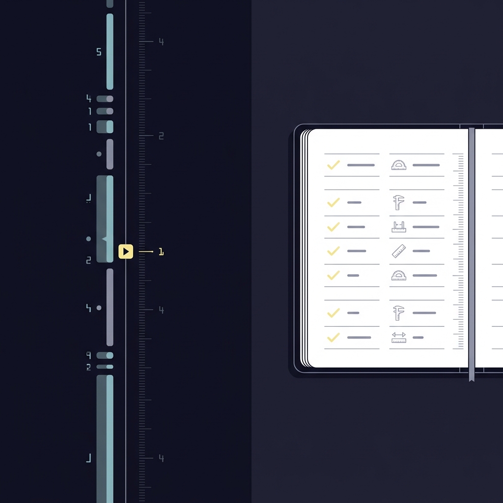 Split screen 2D vector showing a live match timeline and a compact notebook with session notes emphasizing rehearsal and measurement for Trading Live Without Chasing Momentum