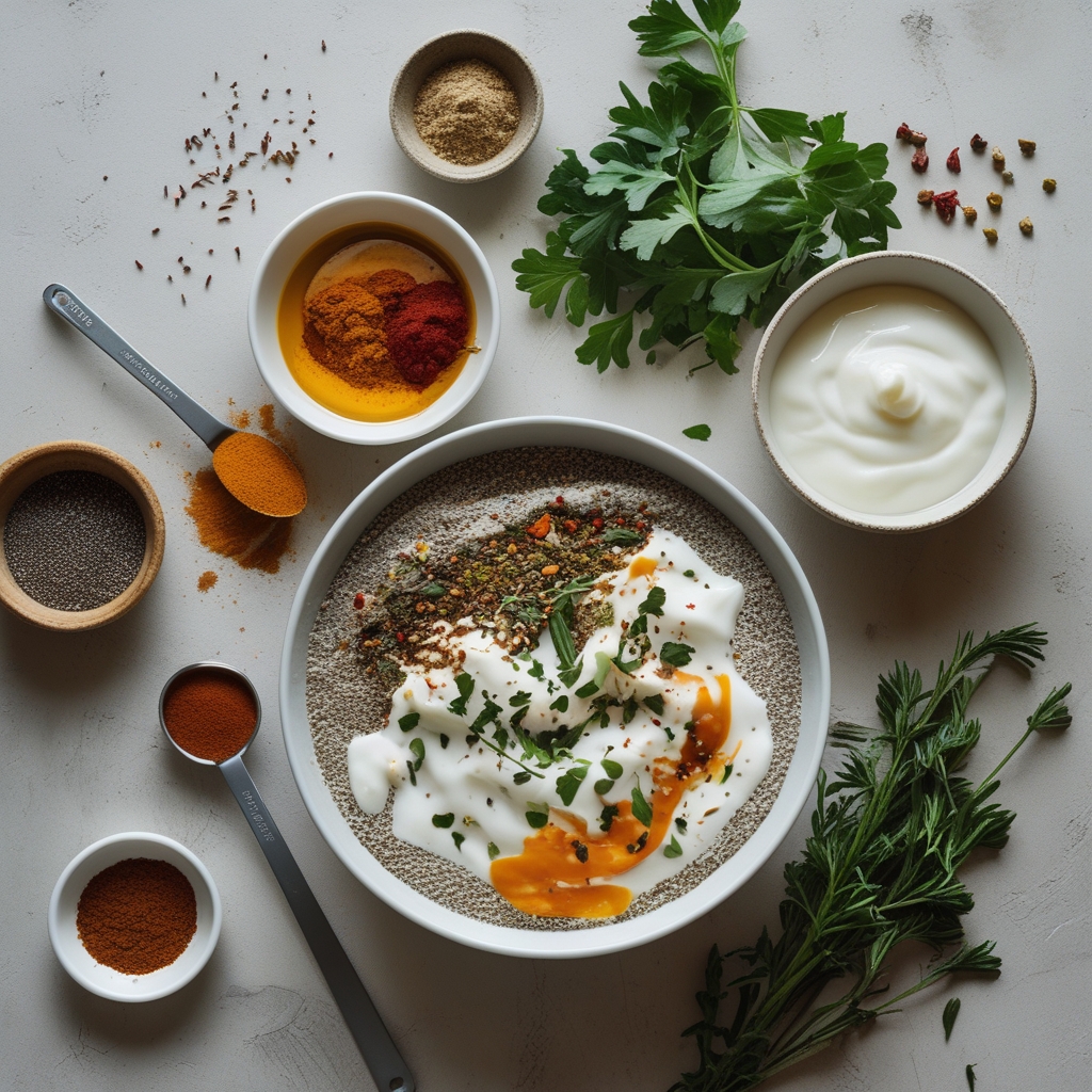 Ingredients for High-Protein Chia Seed Pudding with Yogurt Recipe for Easy Healthy Breakfast