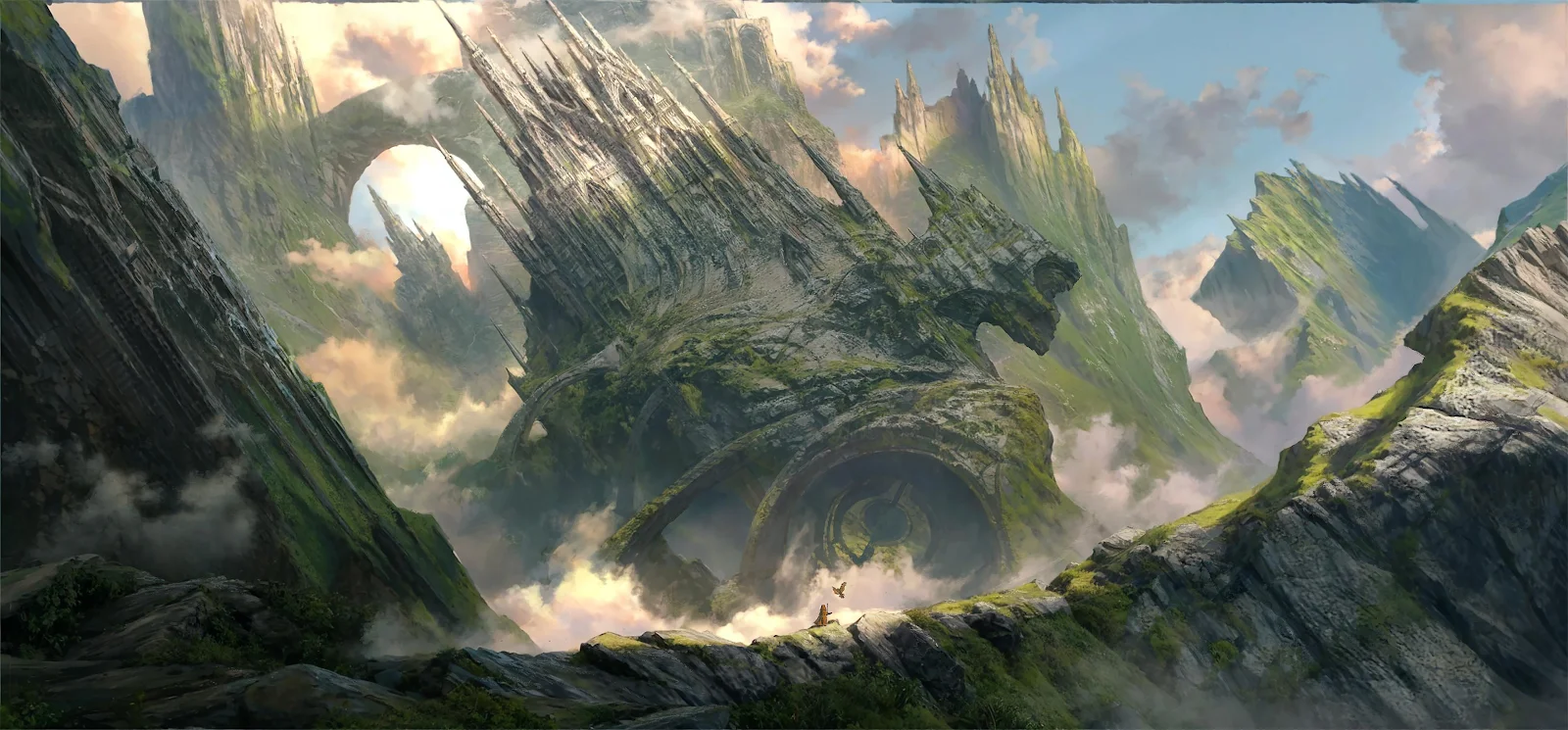 Overgrown Spire Mountain Fortress - Fantasy Concept Art 2K Wallpaper (3840x1788)
