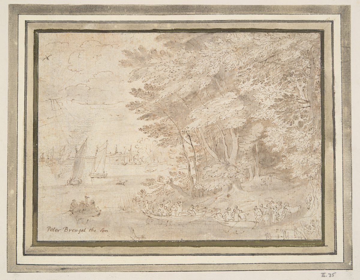 Wooded Shore with People Embarking in Boats late 16thearly 17thcentury