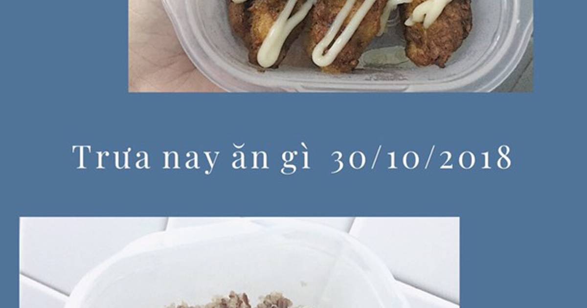 Trưa nay ăn (Cơm gạo lứt đỏ với hạt diêm mạch/gà xiên que sốt mayo) + Cà phê sữa đá
