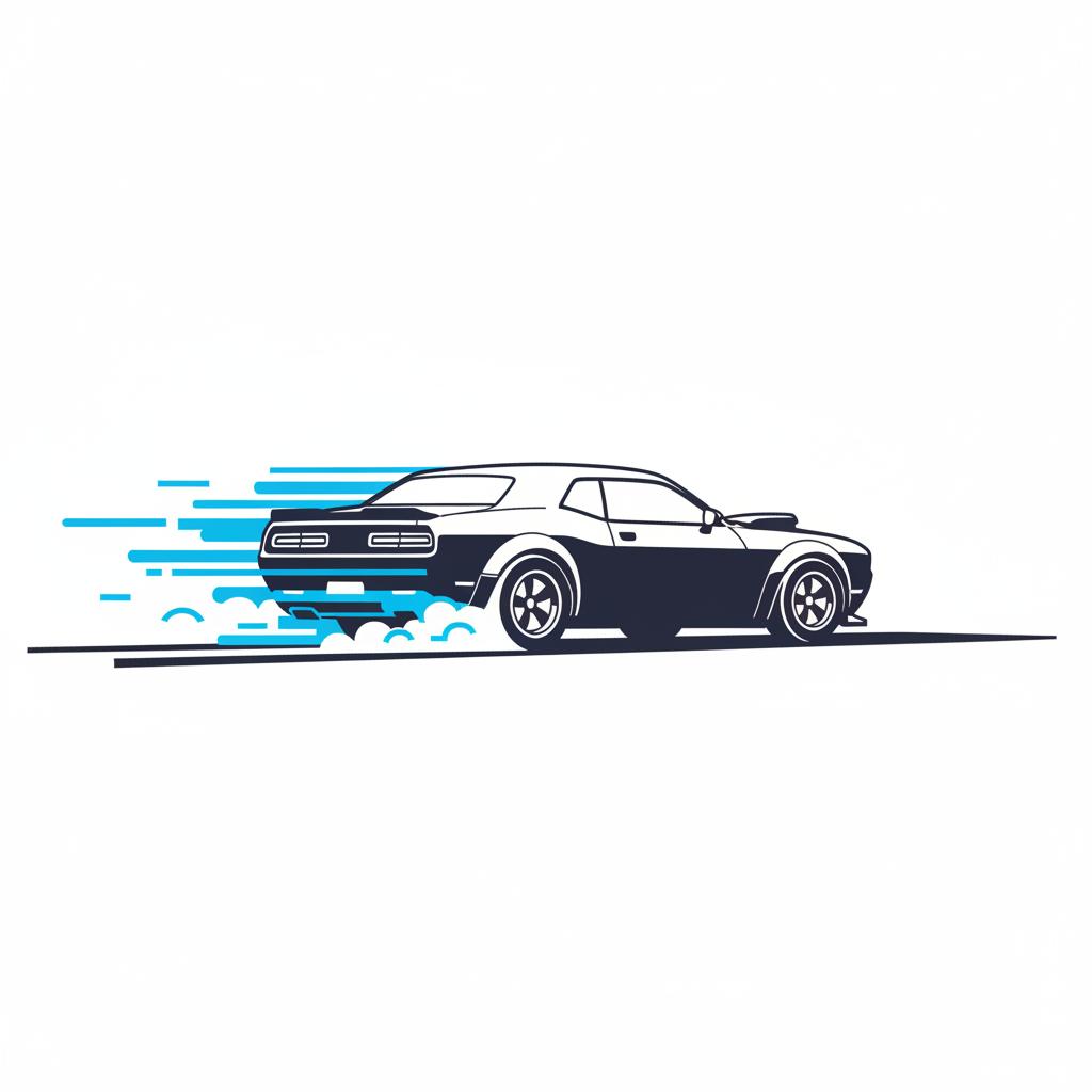 Minimalist vector illustration of a muscle car inspired by Hellcat launching on a drag strip with motion blur rear tires and blue accents on white background bmw m3 for sale