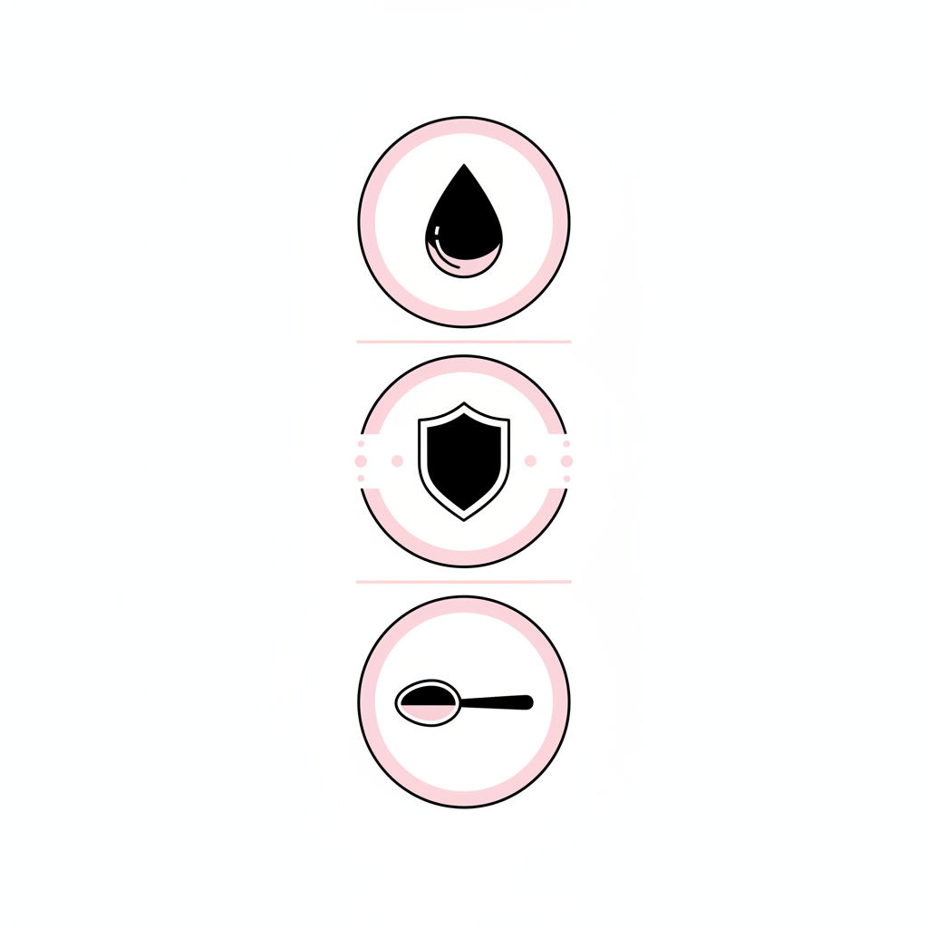 Minimalistische vertikale 2D-Vektor-Infografik mit drei Icons (Tropfen, Schild, Löffel) in NailX-Farben, visualisiert eine 3‑Schritte-Routine gegen brüchige Nägel.