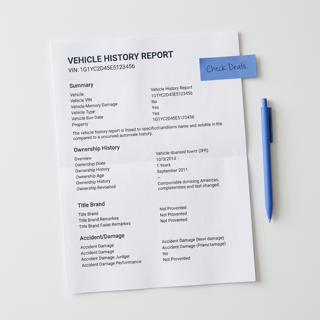 Which Hyundai has the least problems top down minimalist photo of a vehicle history report with visible VIN on a clean white desk and a CarFax Deals blue 3666ed accent pen