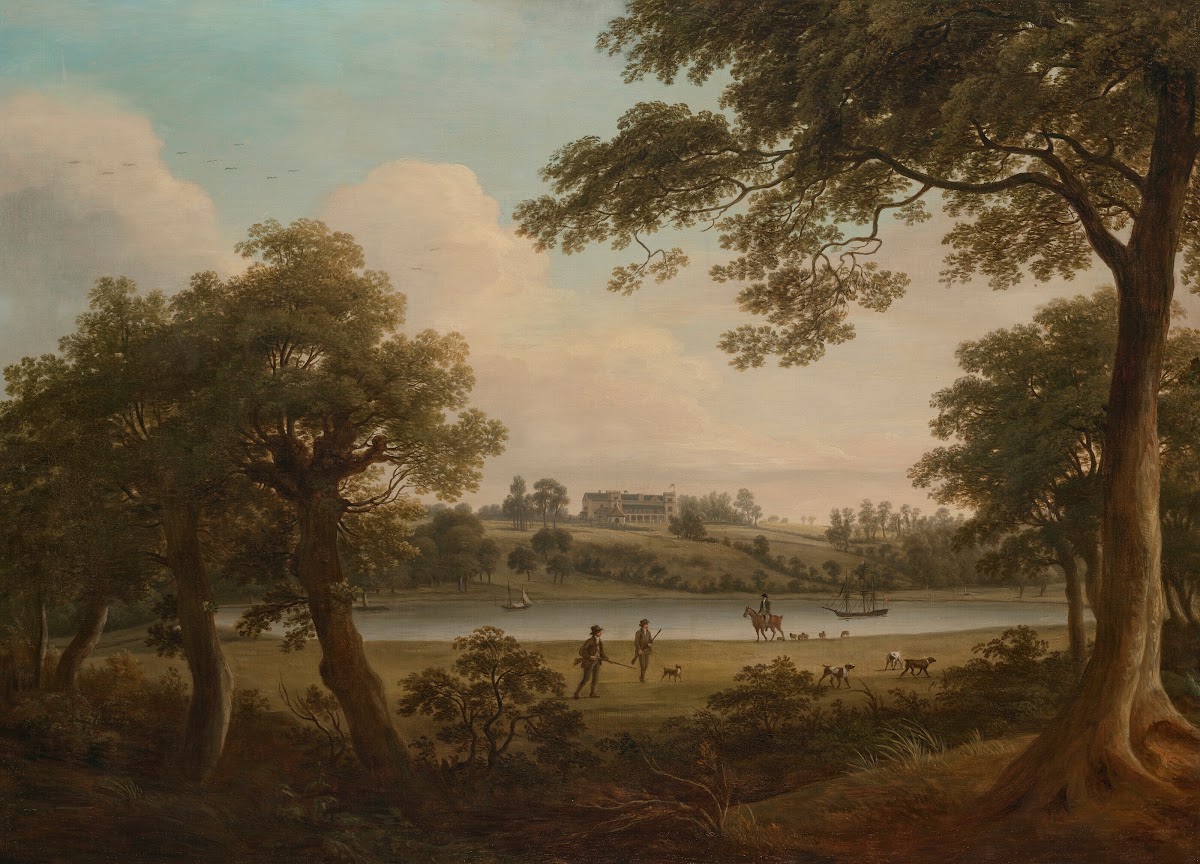 Sportsmen in a wooded river landscape a country house beyond