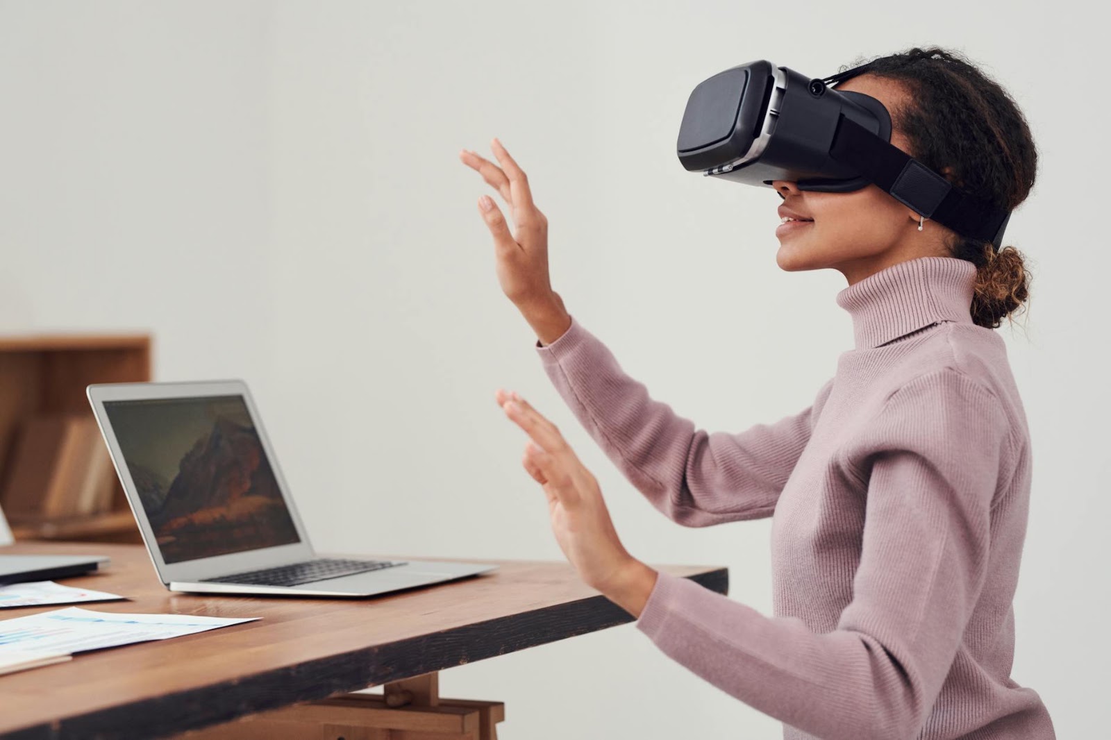 Diverse individuals interacting with augmented reality for AI virtual try-on experiences in a modern setting.