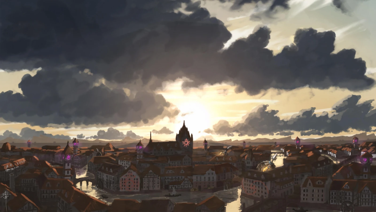 Fantasy City Under Dark Clouds 4K Desktop Wallpaper