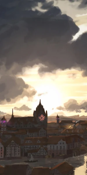 Fantasy City Under Dark Clouds 4K Wallpaper Background