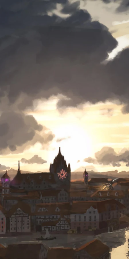 Fantasy City Under Dark Clouds 4K Phone Wallpaper