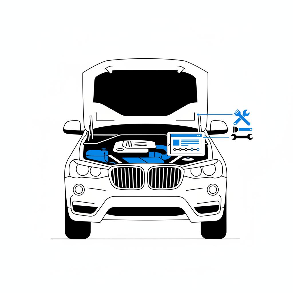 Minimalist 2D vector of a BMW X3 engine bay with an adjacent tablet showing a vehicle history visualization no text in CarFax Deals colors bmw x3 for sale