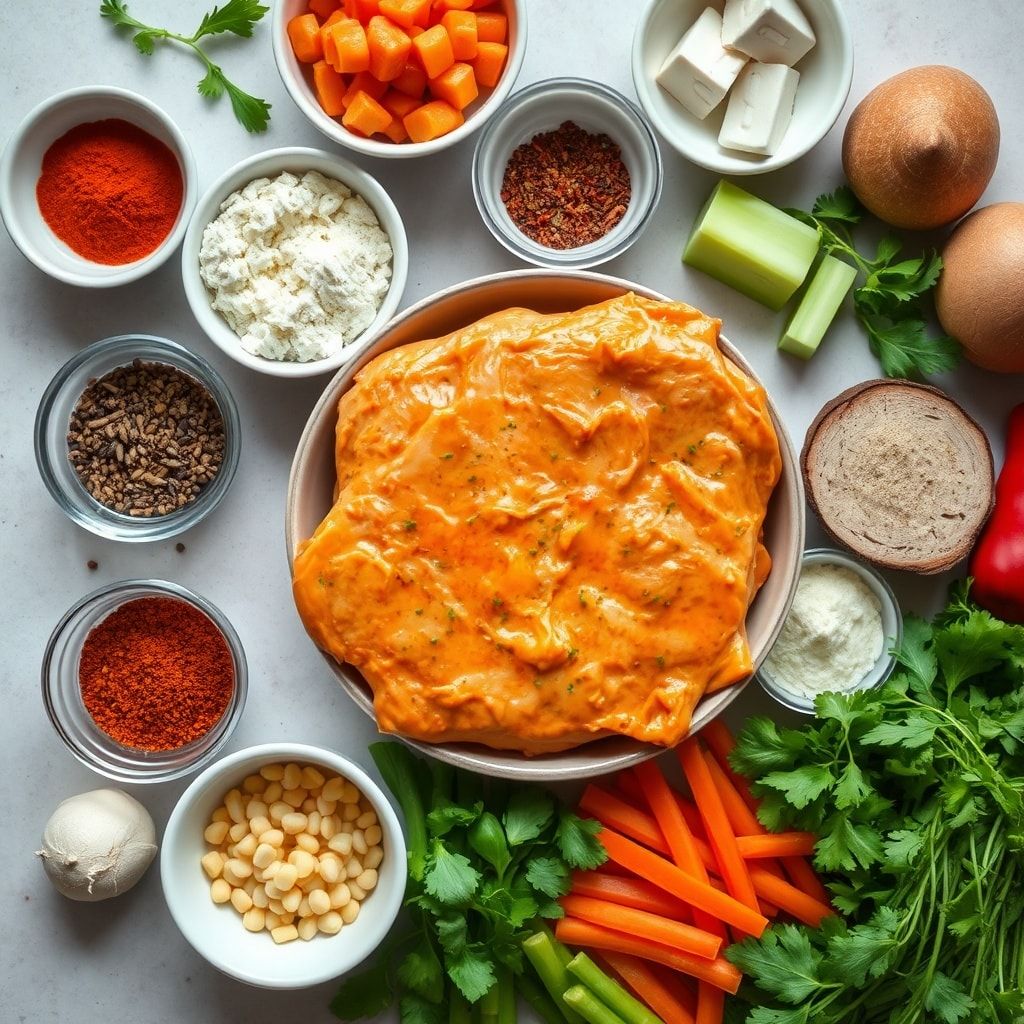 Ingredients for Easy Baked Buffalo Chicken Dip Recipe for Game Day – 5-Ingredient Crowd-Pleaser