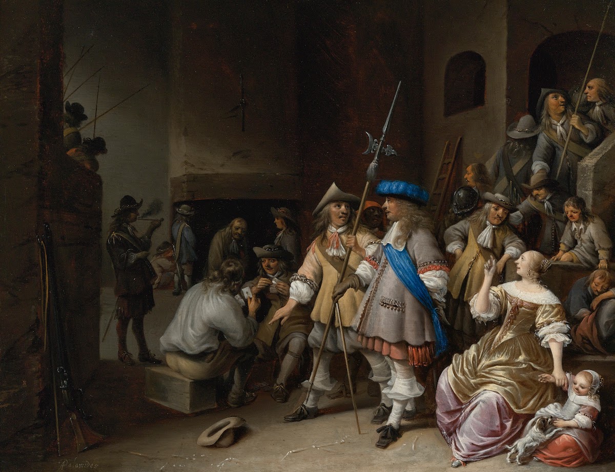 A Guardroom Interior With A Company Of Pikemen Card Players And A Woman With A C
