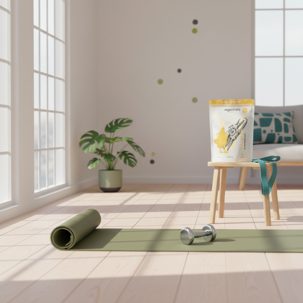 Minimalistische Heimtrainingsszene mit Yogamatte, Hantel, Widerstandsband und Vegardians-Produkt im Winterlicht für muskelaufbau, Hintergrund #F7EDE6