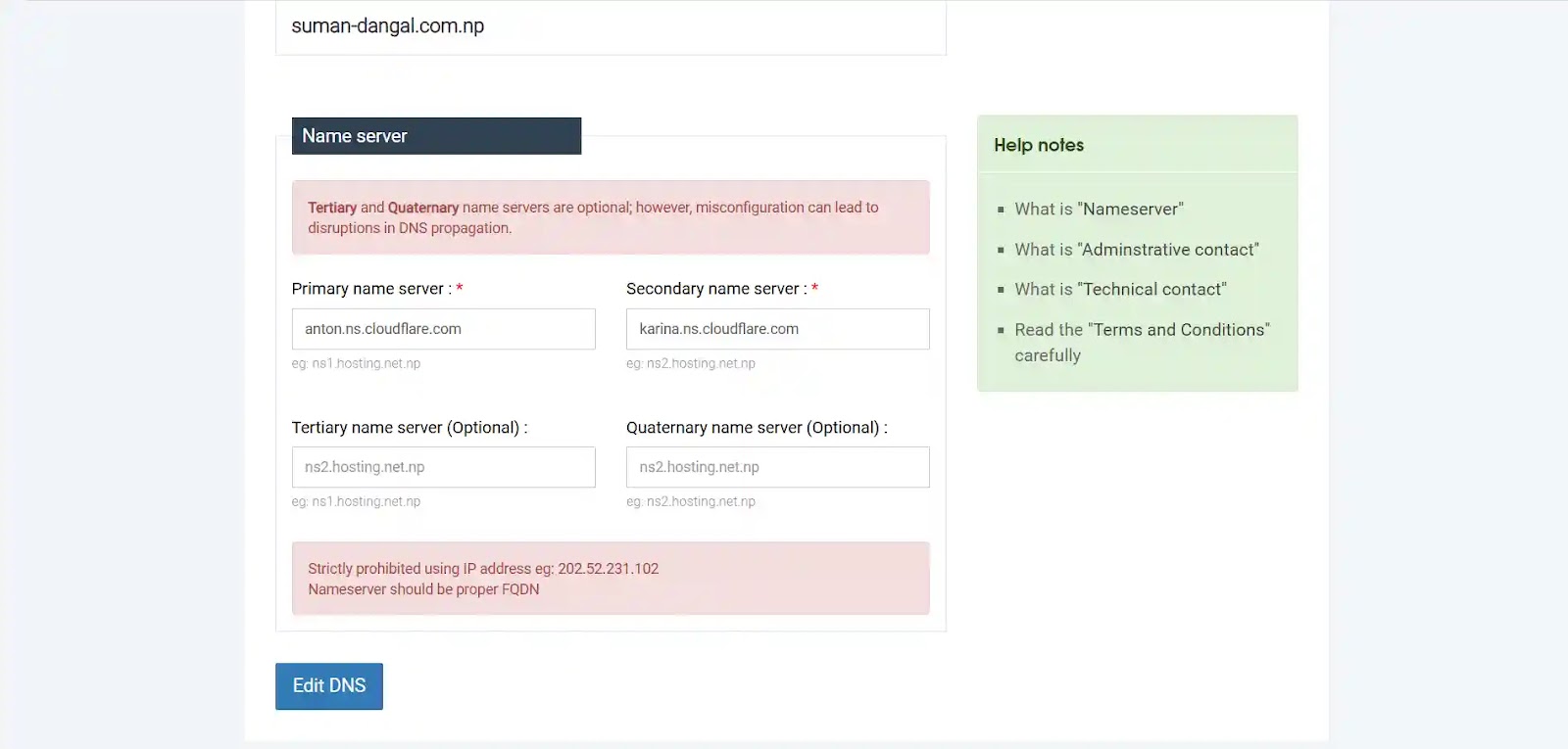 Updating nameservers on register.com.np after Cloudflare approval