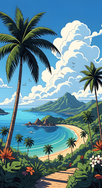 Vibrant Tropical Beach Vista with Cumulus Clouds and Mountains - Free mobile Wallpaper