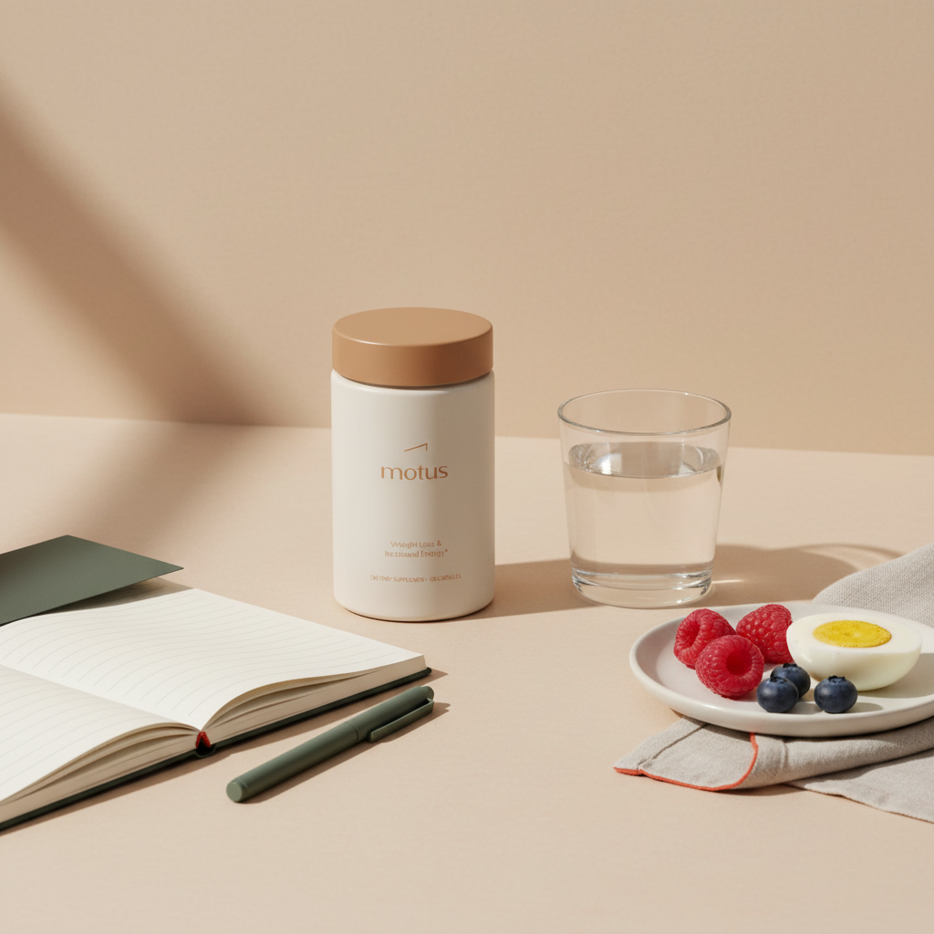 Minimalist tabletop scene with Motus supplement jar beside a glass of water, open notebook and plate with berries and a boiled egg on beige background for berberine weight loss.
