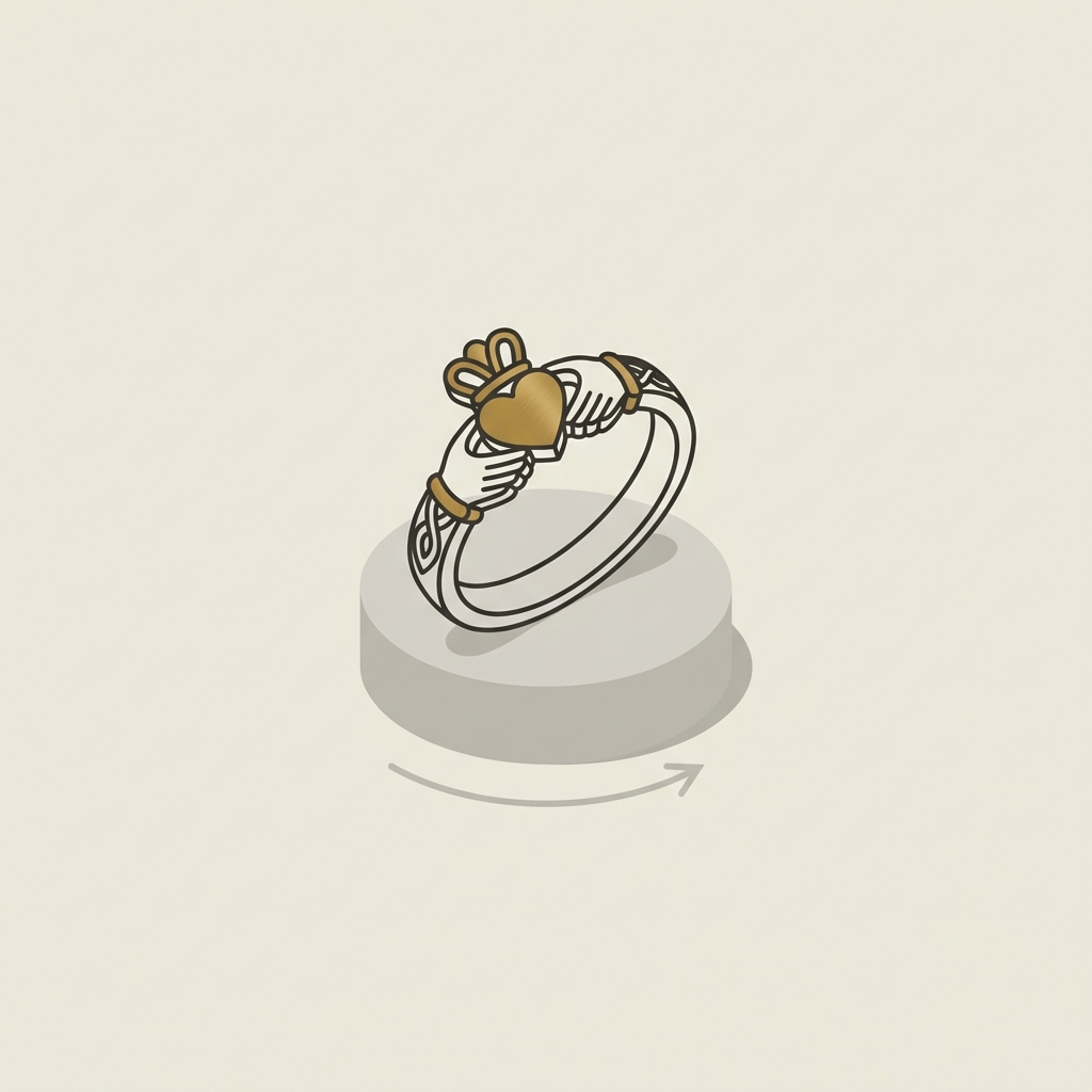 Minimalist 2D vector of a reconstructed Claddagh style ancient celtic ring displayed on a neutral ring stand against a pale beige Aurora Antiqua background