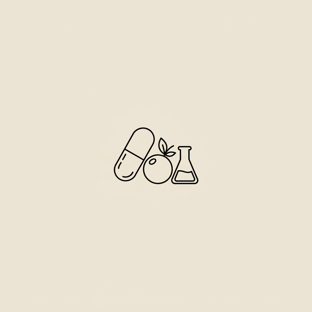 Minimal Tonum-style vector line illustration of a capsule, a berry, and a small lab beaker on a beige background, symbolizing the safest weight loss medication.