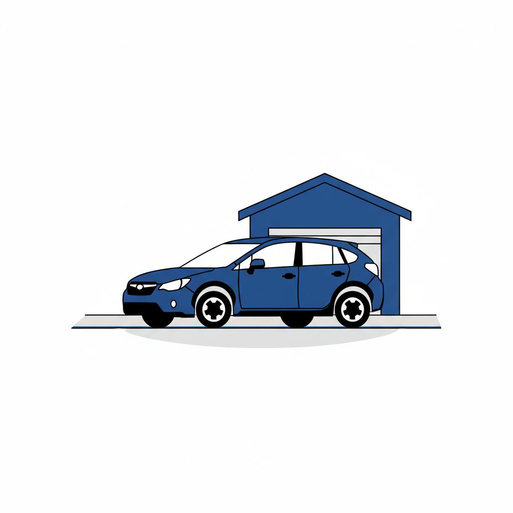 subaru crosstrek for sale parked near a small urban garage showing compact footprint and visible ground clearance in a clean minimalist 2d vector illustration