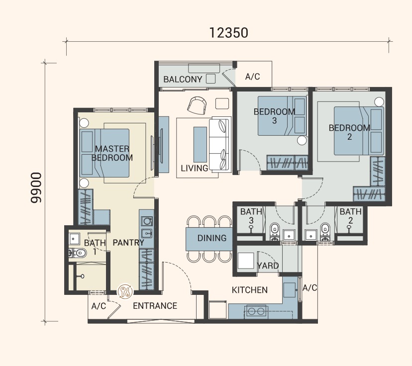 Veridian Type B2 floor plan — 1184 sq ft, 3 bedrooms