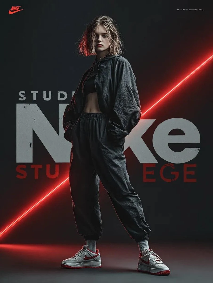Un dinámico anuncio de moda de Nike que muestra a un modelo hiperrealista en pleno salto con giro, con estelas de luz que la siguen...