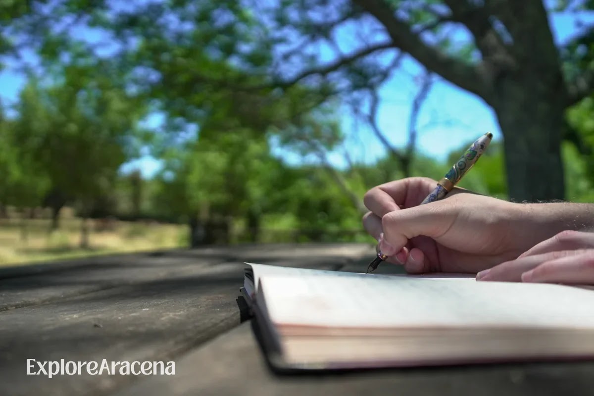 A person writing in an open journal while spending time in the natural surroundings of the Sierra de Aracena.