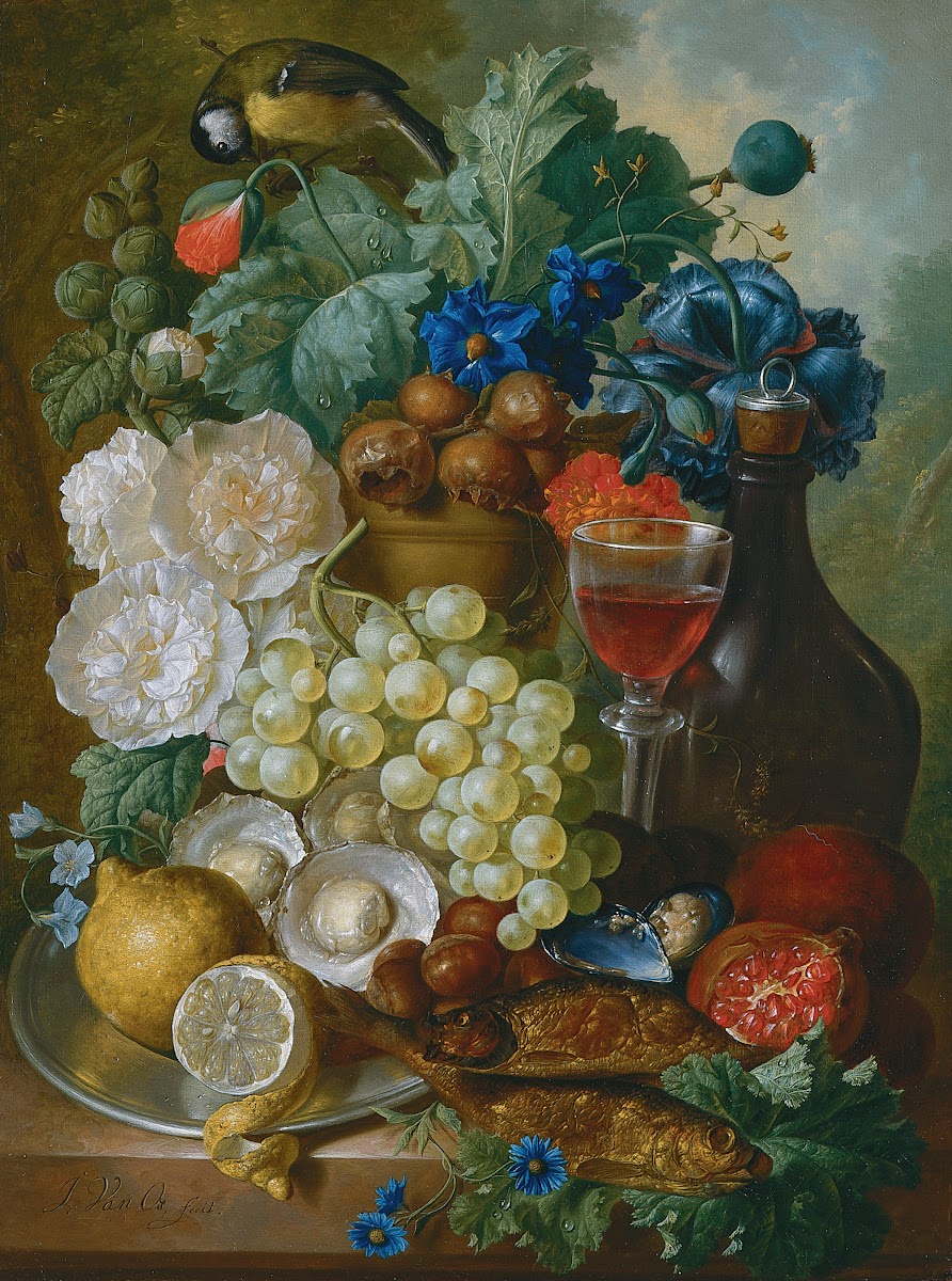 Still Life With Fruit And Flowers Together With Oysters Mussels A Glass Of Wine