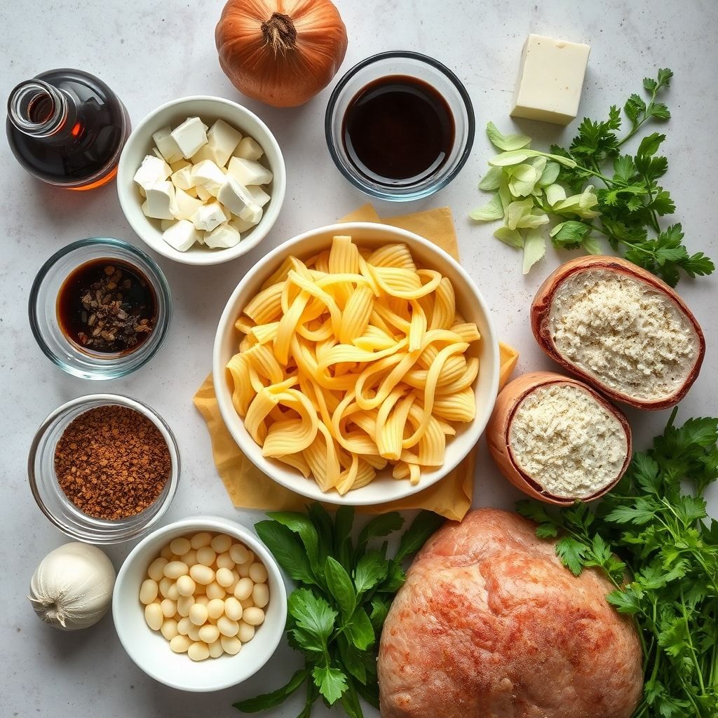 Ingredients for Balsamic Onion & Goat’s Cheese Pasta Bake - Easy Homemade Comfort Food in 40 Min