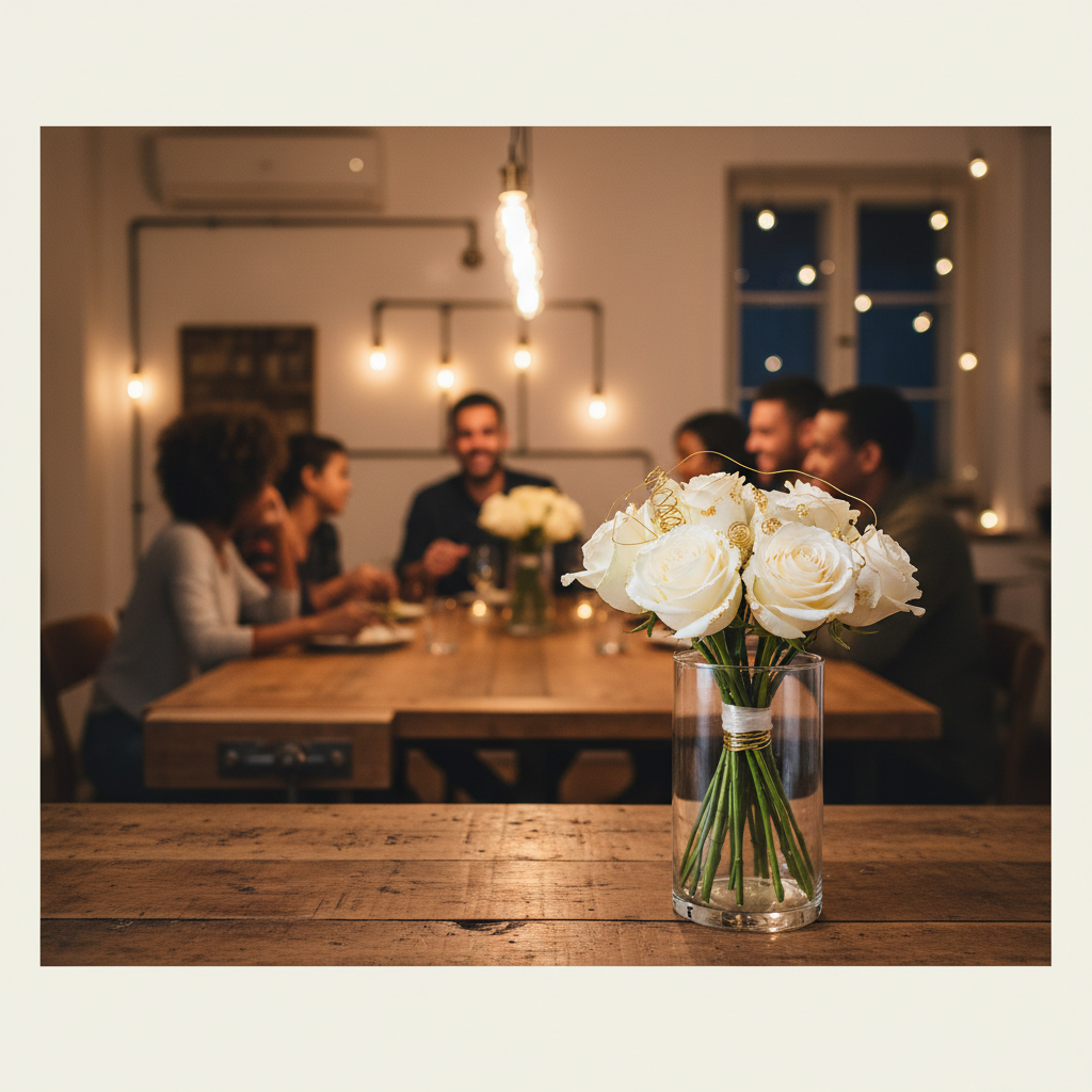 Naheinstellung eines schlichten Blumenbouquets auf Holztisch im warmen Abendlicht, dezente Steelmonks-Farben im Hintergrund, blumen zur goldenen hochzeit
