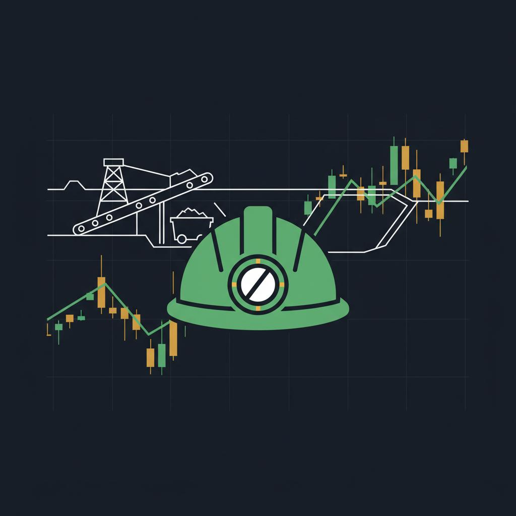 Minimalist vector of a miner hardhat and mining site with an overlaid financial chart illustrating company valuation and risk how to buy gold on stock market