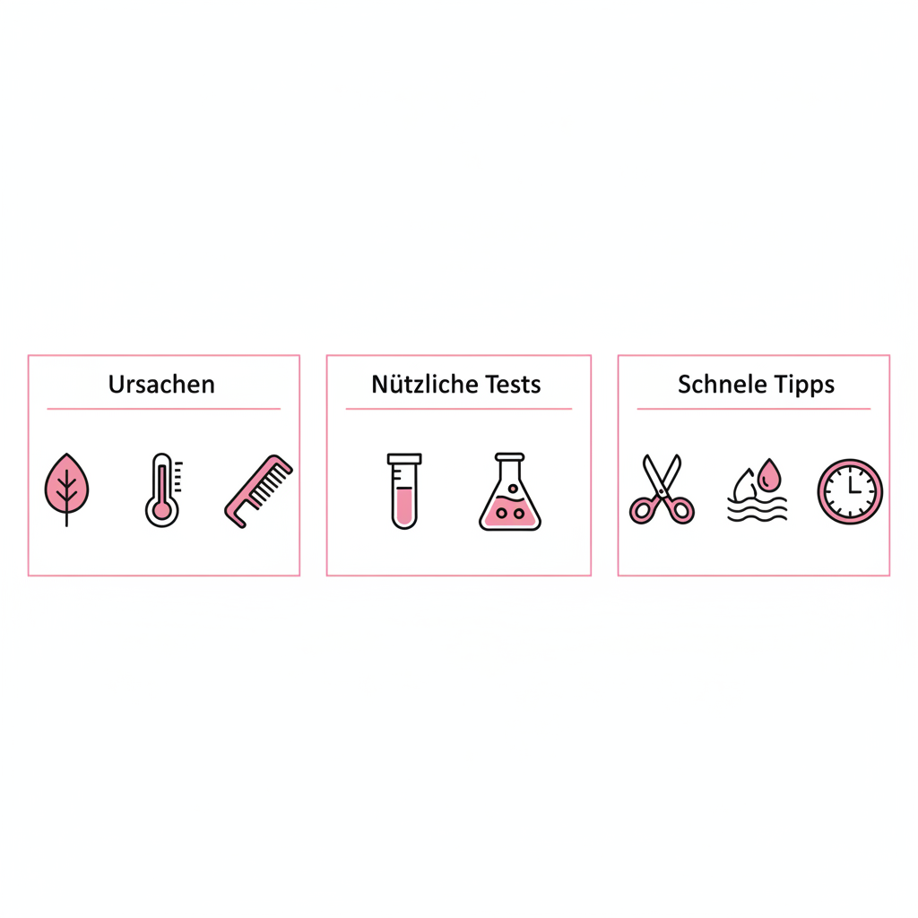 Minimalistische 2D-Vektor-Infografik zu Vitamin B12 brüchiges Haar mit drei horizontalen Panels: Ursachen, nützliche Tests und schnelle Pflegetipps, Icons in NailX-Farben.