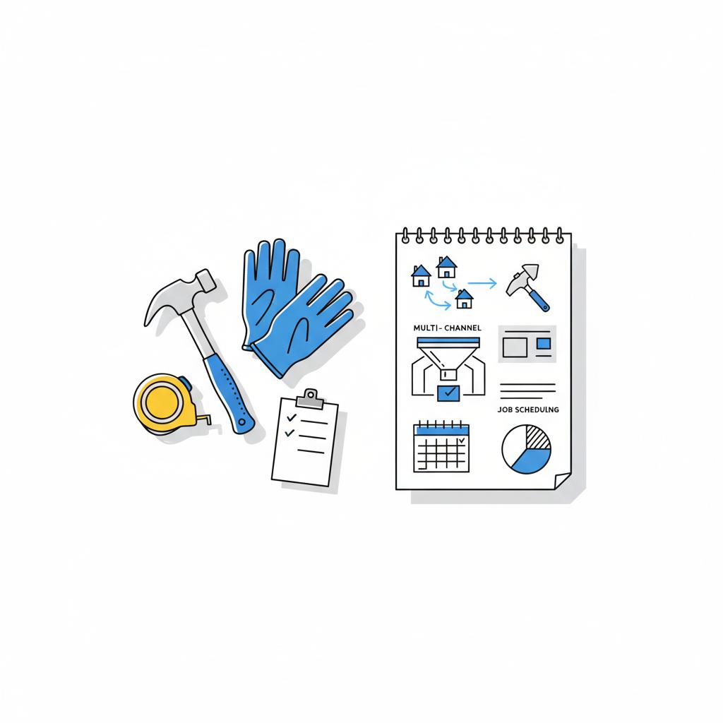 Minimalist 2D vector of contractor tools and a sketched notebook workflow illustrating Nextdoor for contractors referrals and job planning on white