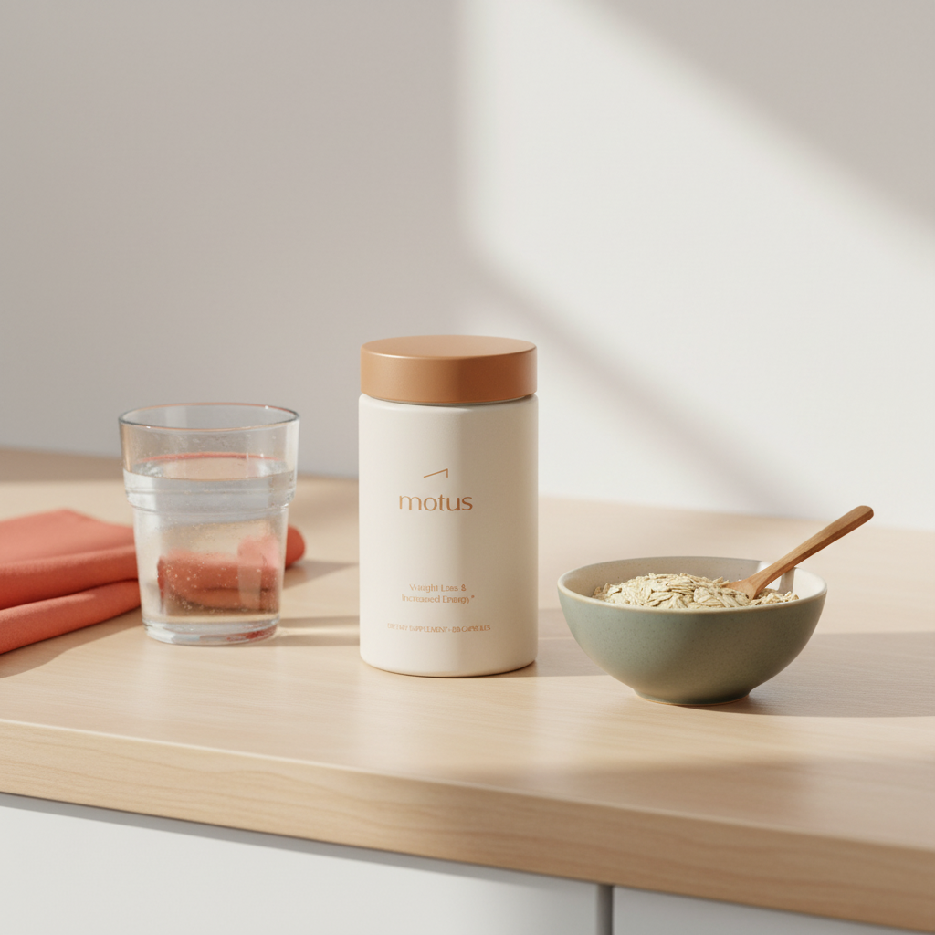 Minimalist kitchen scene with Tonum Motus jar beside a bowl of whole oats, spoon and glass of water, promoting fiber supplements like Ozempic for weight management.