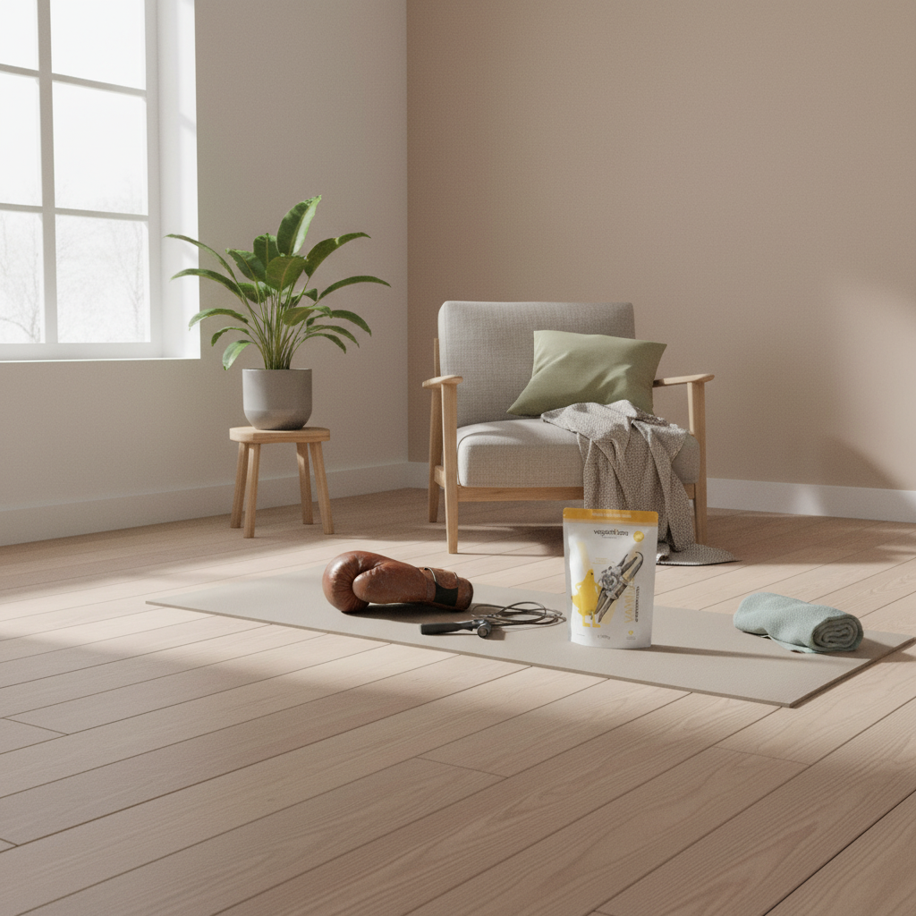 Boxtraining Heimtraining: Minimalistische Szene mit Boxhandschuhen, Springseil, Gym‑Matte und Vegardians‑Produkt in hellem skandinavischem Wohnzimmer