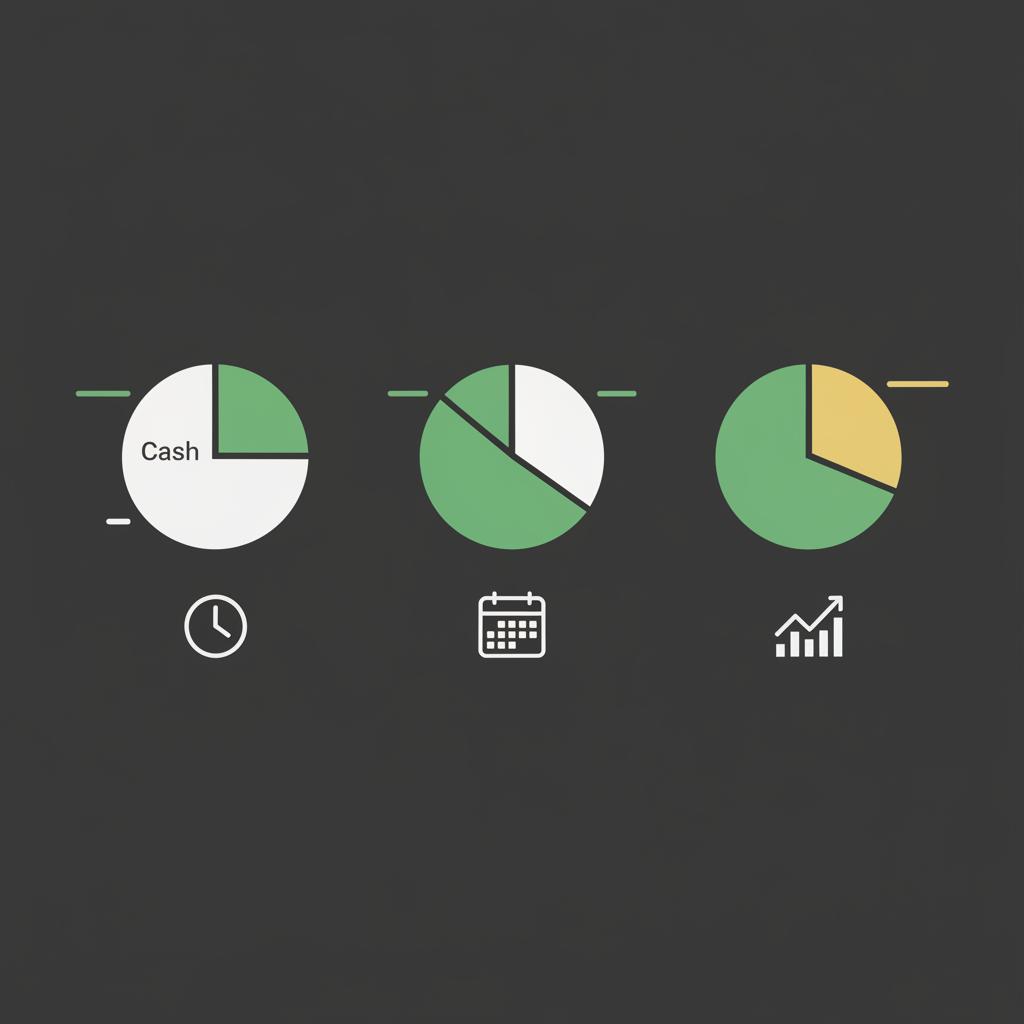 Minimalist 2D vector illustration of three portfolio pie charts representing short medium and long investment horizons how do i start investing