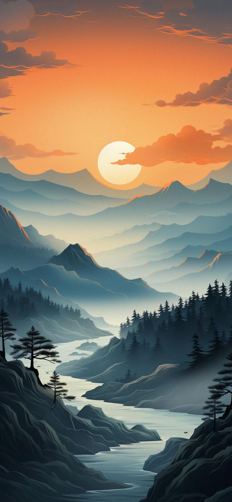 Sunset Over Mountain River Valley - Digital Landscape Art Full HD iPhone Wallpaper (1284x2778)