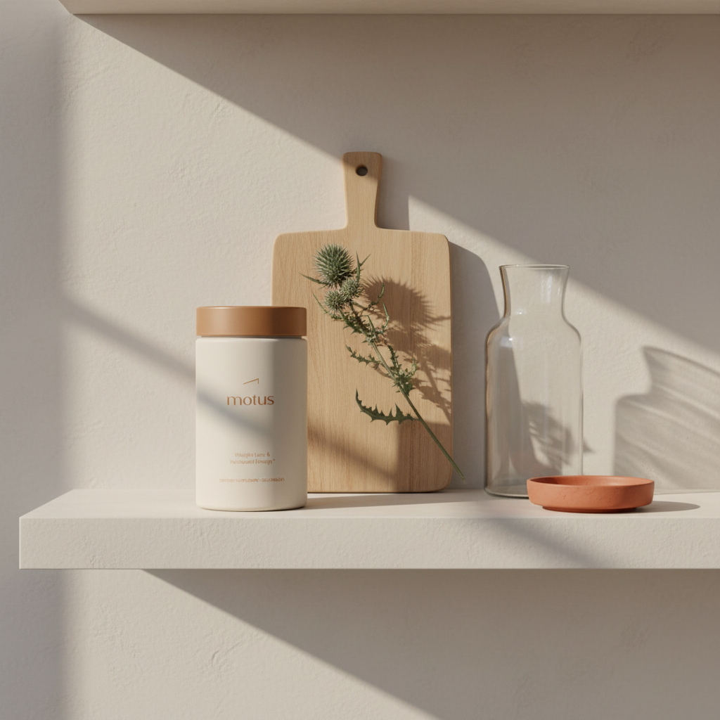 Kitchen shelf with Motus supplement jar beside wooden cutting board, milk thistle sprig and clear water carafe in a minimalist morning scene highlighting conjugated linoleic acid benefits.