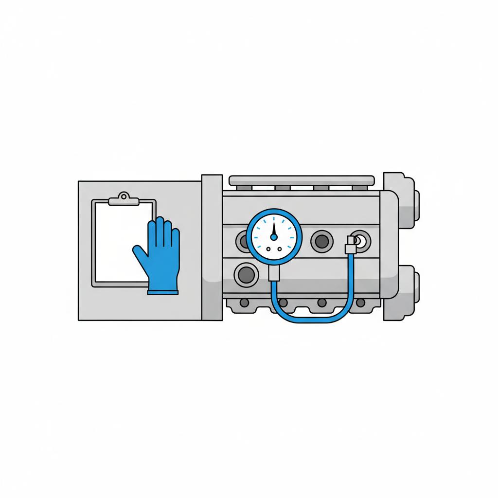 Minimal vector illustration of an engine compression test featuring a blue accented gauge and test hose beside a clipboard and glove for a nissan 350z for sale article