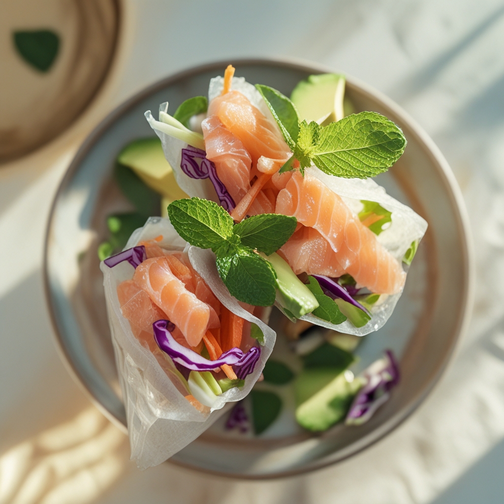 Miso-Ginger Salmon Protein Rice Paper Wraps with Quick Cucumber Salad