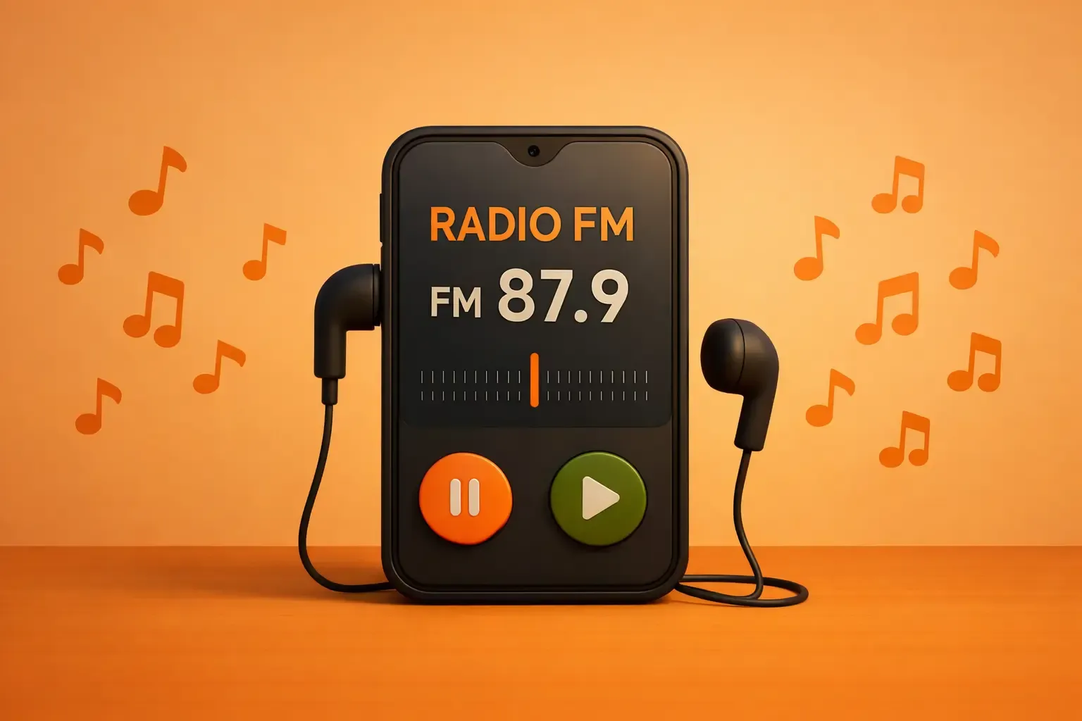 Un móvil con la app Radio y auriculares rodeados de notas musicales.