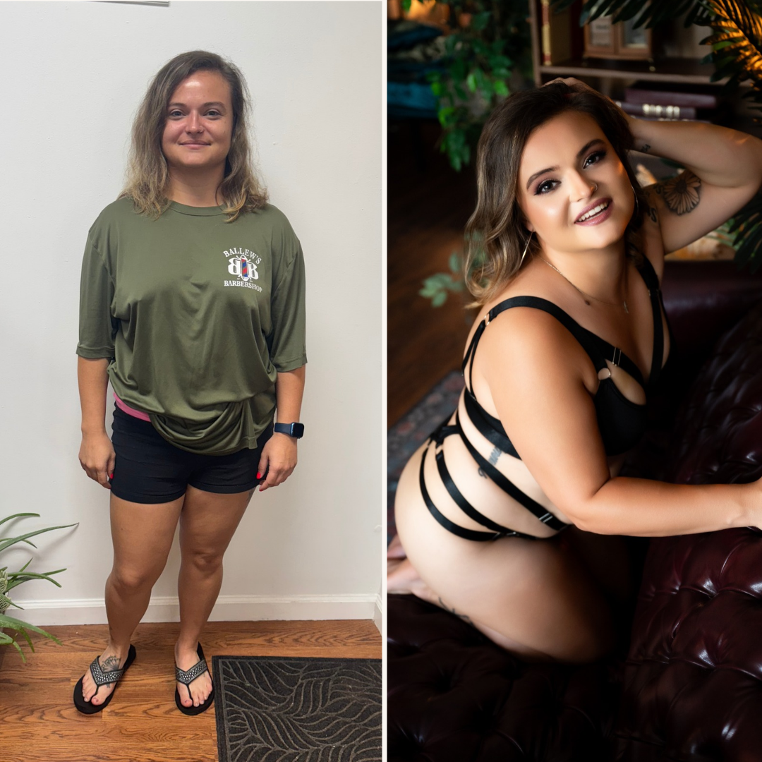 A client before her session and after her JHP Boudoir session