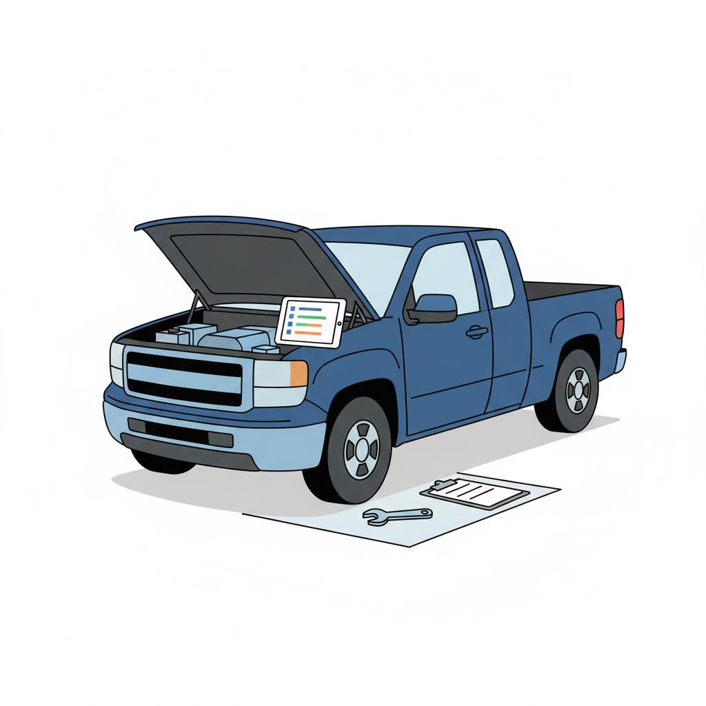 Minimalist vector illustration of an open pickup hood with a tablet on the fender during a pre purchase inspection chevy colorado for sale
