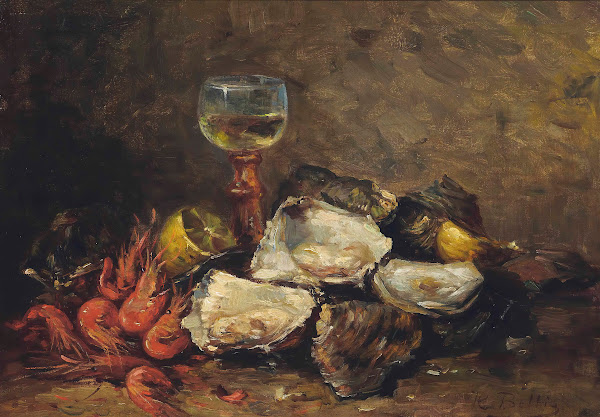 Oysters and prawns with a glass of wine