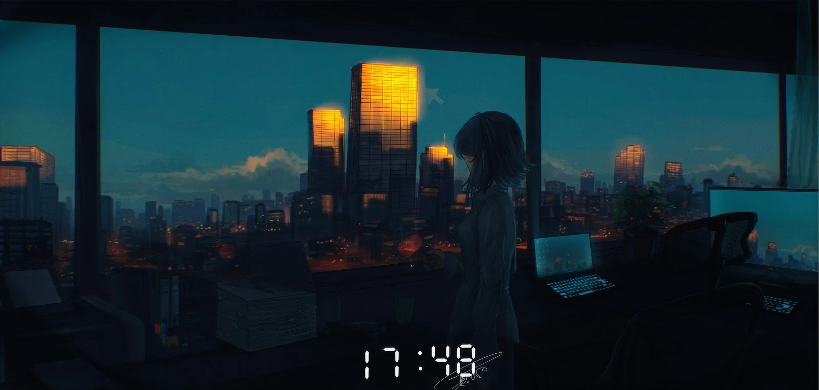 Dusk Skyline Office View - Digital Art 4K Wallpaper (5842x2786)