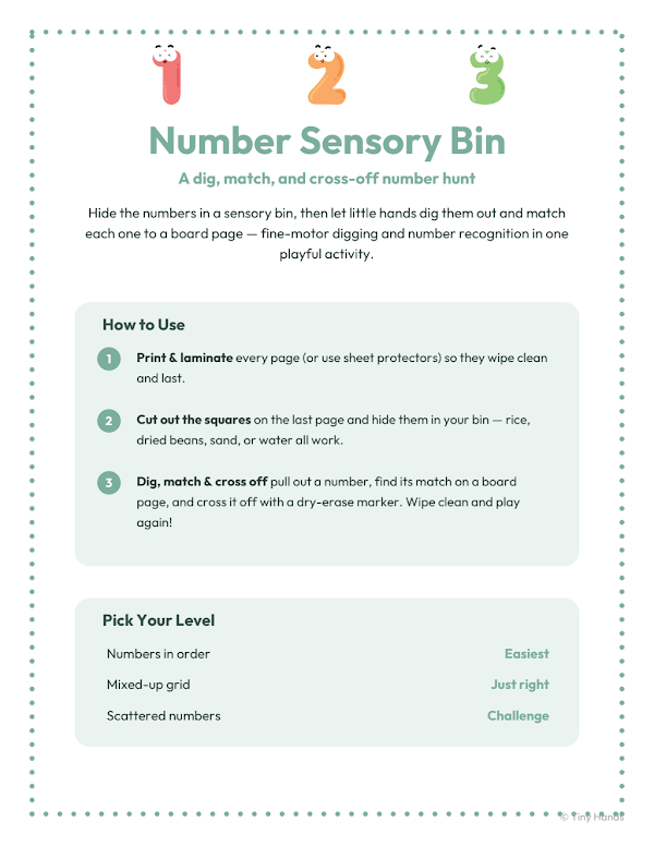 Tiny Hands printable sensory bin task cards worksheet preview