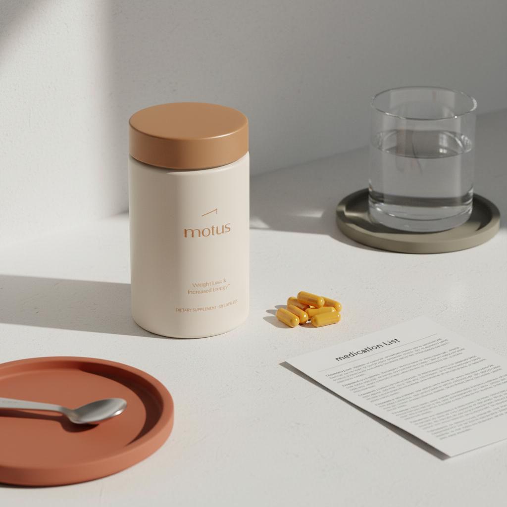 Tonum supplement container on a neutral countertop with berberine capsules and a printed medication list, illustrating careful review and berberine drug interactions.