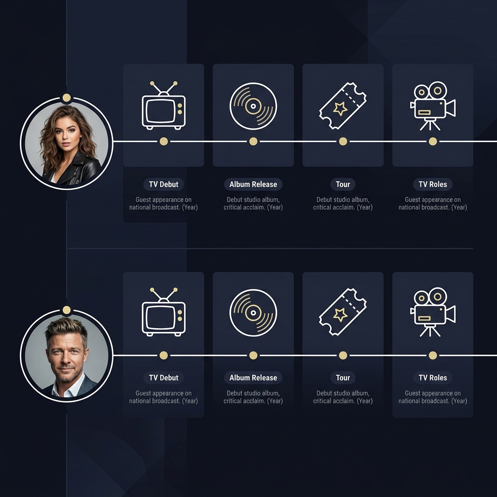 Minimalist side by side artist timeline showing TV debut album tour and TV roles with clean icons muted brand palette and pale gold accents for an american idol odds article