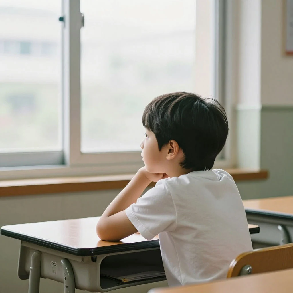 창밖을 바라보며 생각에 잠긴 초등학생의 모습